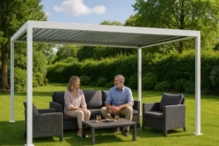 Trädgårdspergola 3x4 m med JUSTERBART ALUMINIUMTAK, vit, för TERRASS, stark