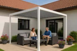 Trädgårdspergola 3x4 m med JUSTERBART ALUMINIUMTAK, vit, för TERRASS, stark