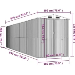 Trädgårdsskjul i galvaniserat stål - Rymlig förvaring för redskap | Färg: Ljusgrå | Storlek: 192x85x223 cm