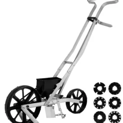 Trädgårdssåmaskin i metall, med 6 fröplattor, manuell radsådd för gräsfrön och bakgårdsjordbruk.