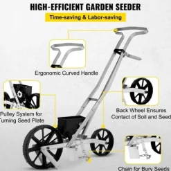 Trädgårdssåmaskin i metall, med 6 fröplattor, manuell radsådd för gräsfrön och bakgårdsjordbruk.