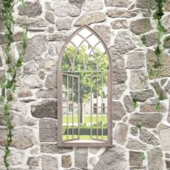 Trädgårdsspegel i järn med rosteffekt - Antik design för utomhusbruk | Storlek: 100x45 cm | Färg: Sand