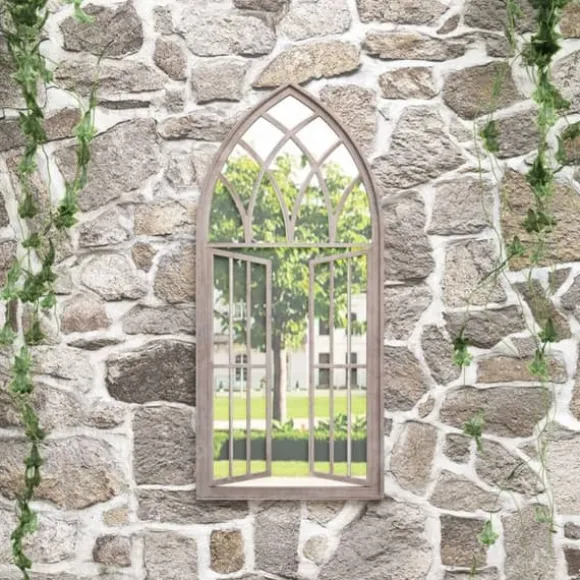 Trädgårdsspegel i järn med rosteffekt - Antik design för utomhusbruk | Storlek: 100x45 cm | Färg: Sand