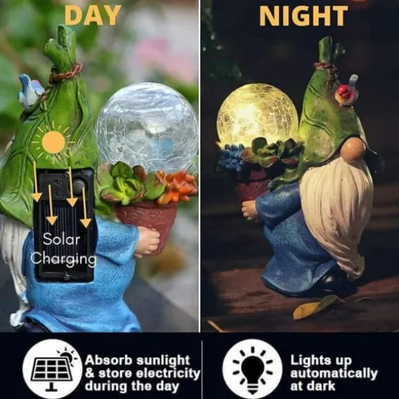 Trädgårdstomtar Utomhusdekor med Solar Lights Led, Resin Trädgårdsstatyer och figurer utomhus Höst Vinter