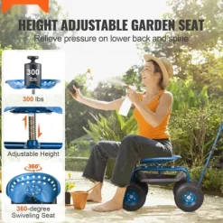 Trädgårdsvagn med hjul, 360° vridbar sits, verktygsbricka, perfekt för uteplats och gård, blå.