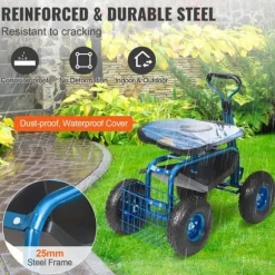 Trädgårdsvagn med hjul, 360° vridbar sits, verktygsbricka, perfekt för uteplats och gård, blå.