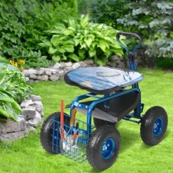 Trädgårdsvagn med hjul, 360° vridbar sits, verktygsbricka, perfekt för uteplats och gård, blå.