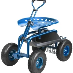Trädgårdsvagn med hjul, 360° vridbar sits, verktygsbricka, perfekt för uteplats och gård, blå.