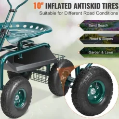 Trädgårdsvagn med hjul, rullande sittplats, 360° vridbar, verktygsbricka för trädgård och utomhus, grön.