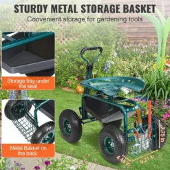 Trädgårdsvagn med hjul, rullande sittplats, 360° vridbar, verktygsbricka för trädgård och utomhus, grön.