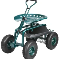 Trädgårdsvagn med hjul, rullande sittplats, 360° vridbar, verktygsbricka för trädgård och utomhus, grön.