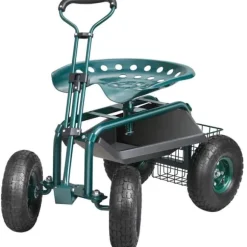 Trädgårdsvagn med hjul, rullande sittplats, 360° vridbar, verktygsbricka för trädgård och utomhus, grön.