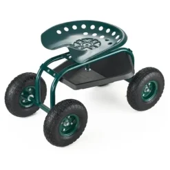 Trädgårdsvagn på hjul, Modell Rullande med Vridbart Säte, Terränghjul, Verktygslåda, Kapacitet 136 kg