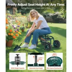 Trädgårdsvagn på hjul, Modell Rullande med Vridbart Säte, Terränghjul, Verktygslåda, Kapacitet 136 kg