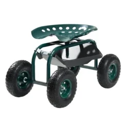 Trädgårdsvagn på hjul, Modell Rullande med Vridbart Säte, Terränghjul, Verktygslåda, Kapacitet 136 kg