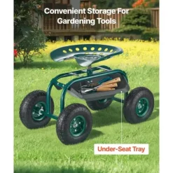 Trädgårdsvagn på hjul, Modell Rullande med Vridbart Säte, Terränghjul, Verktygslåda, Kapacitet 136 kg