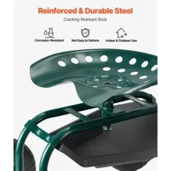 Trädgårdsvagn på hjul, Modell Rullande med Vridbart Säte, Terränghjul, Verktygslåda, Kapacitet 136 kg