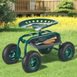 Trädgårdsvagn på hjul, Modell Rullande med Vridbart Säte, Terränghjul, Verktygslåda, Kapacitet 136 kg