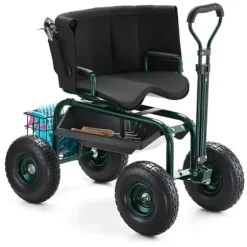 Trädgårdsvagn på Hjul, Rullande Modell med Vridbart Säte, Utdragbart Handtag, Förvaringslåda