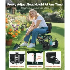 Trädgårdsvagn på Hjul, Rullande Modell med Vridbart Säte, Utdragbart Handtag, Förvaringslåda