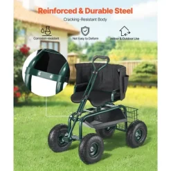 Trädgårdsvagn på Hjul, Rullande Modell med Vridbart Säte, Utdragbart Handtag, Förvaringslåda