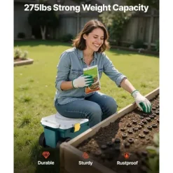 Trädgårdsvagn på hjul, Scootermodell med säte, 114 kg bärkapacitet, förvaringslåda och sittdyna