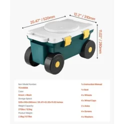 Trädgårdsvagn på hjul, Scootermodell med säte, 114 kg bärkapacitet, förvaringslåda och sittdyna