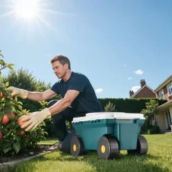 Trädgårdsvagn på hjul, Scootermodell med säte, 114 kg bärkapacitet, förvaringslåda och sittdyna