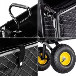 Trädgårdsvagn, Pulverlackerat metallmaterial, 450 kg kapacitet, Mått 96x51x72 cm, Mönstrade hjul för stabilitet, Nätväggar med PVC-presenning