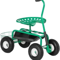 Trädgårdsvagn/verkstadsvagn med roterbar sits & korg, höjdjusterbar, 150 kg, grön, 81×44,5×46–59 cm