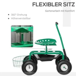 Trädgårdsvagn/verkstadsvagn med roterbar sits & korg, höjdjusterbar, 150 kg, grön, 81×44,5×46–59 cm