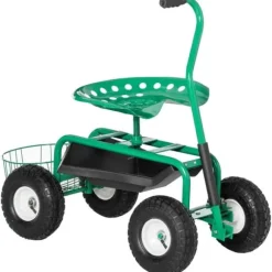 Trädgårdsvagn/verkstadsvagn med roterbar sits & korg, höjdjusterbar, 150 kg, grön, 81×44,5×46–59 cm