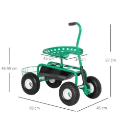 Trädgårdsvagn/verkstadsvagn med roterbar sits & korg, höjdjusterbar, 150 kg, grön, 81×44,5×46–59 cm