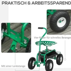 Trädgårdsvagn/verkstadsvagn med roterbar sits & korg, höjdjusterbar, 150 kg, grön, 81×44,5×46–59 cm
