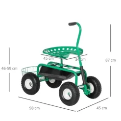 Trädgårdsvagn/verkstadsvagn med roterbar sits & korg, höjdjusterbar, 150 kg, grön, 81×44,5×46–59 cm