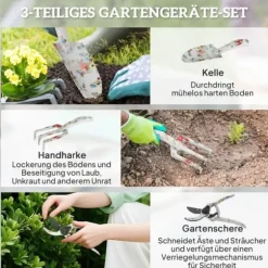 Trädgårdsverktyg set 3 delar: planteringsspade, handkratta, sekatör, metall flerfärgad