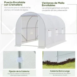 Trädgårdsväxthus - Utomhusmodell - 3,5 x 2 x 2 m - 6 nätfönster - Vit