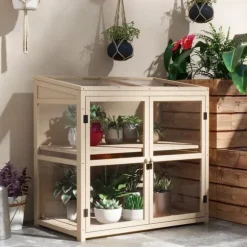 Trädrivbänk 2-stegs med dubbeldörr & takfönster, vindskydd, 103x61x103 cm, natur