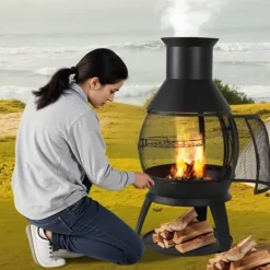 22-tums Chiminea Utomhusspis i Järn, med Grillnät och Skorstensbeläggning, Robust och Väderbeständig
