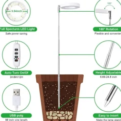 3.5-tums Vit Varm Ljus 5W Justerbar Växtlampa med USB & Timer