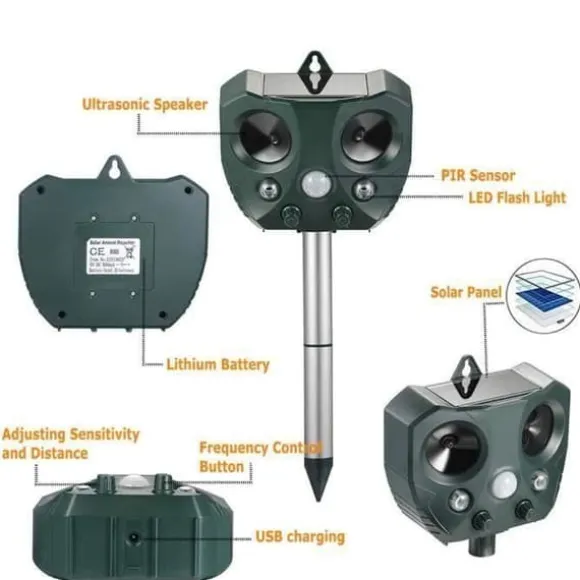 Ultraljudsskydd mot skadedjur Solar skadedjursavvisande djur tvättbjörn, katter, hundar, fåglar, kanin, ekorre, skunkar, rådjur G03D8