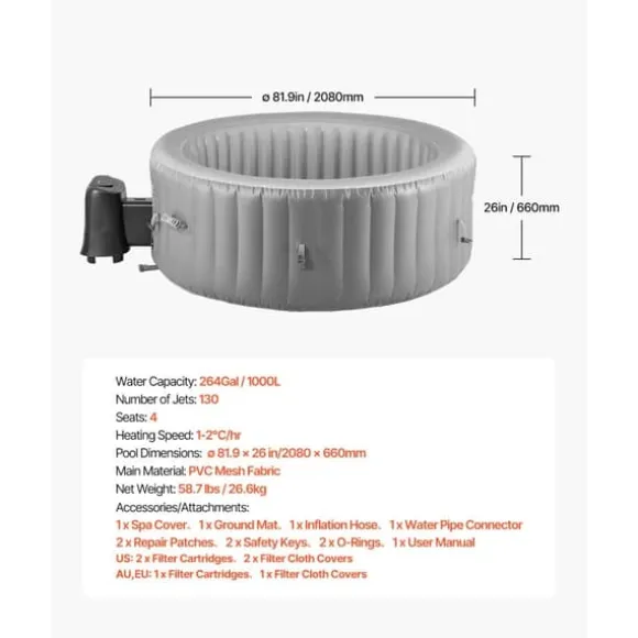 Uppblåsbar Bubbelpool, 2080 x 660mm Rund, 4 till 6 Personer, Portabel Utomhusspa med Snabb Uppvärmning