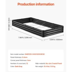 Upphöjd odlingsbädd, 240x120x28 cm, mörkgrå, metall