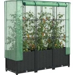 Upphöjd odlingslåda med växthusöverdrag i rottinglook | Storlek: 120x40x138 cm