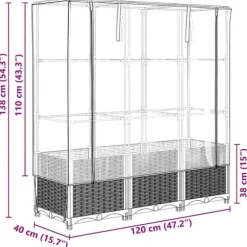 Upphöjd odlingslåda med växthusöverdrag i rottinglook | Storlek: 120x40x138 cm