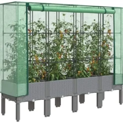 Upphöjd odlingslåda med växthusöverdrag i rottinglook | Storlek: 160x40x140 cm