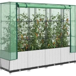 Upphöjd odlingslåda med växthusöverdrag i rottinglook | Storlek: 160x40x138 cm