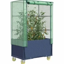 Upphöjd odlingslåda med växthusöverdrag och hjul - Rottinglook | Storlek: 80x50x182 cm