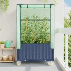 Upphöjd odlingslåda med växthusöverdrag och hjul - Rottinglook | Storlek: 80x50x182 cm