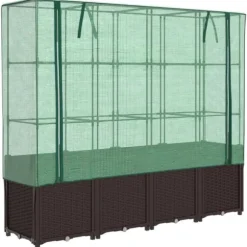 Upphöjd odlingslåda med växthusöverdrag i rottinglook | Storlek: 160x40x153 cm